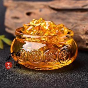 Zibo Luoying Yellow Crystal Treasure Bowl Ornamental Display Home Decor Golden Yuanbao Rice Tub Wealth Attracting Gift