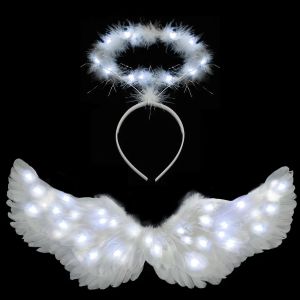 Black White LED Light Up Angel  Feather Wings Glow Halo Ring Headband Costume Props for Adult Kids Christmas New Year Party