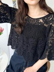 New Style Embroidered Hollow Knitted Shirt Thin Artistic Womens Top Lace Shirt Overhead Skirt Match Summer Cotton round Neck Short Sleeve