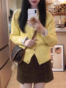 Milky Yellow Cable Stitch Knitting Sweater Cardigan Coat Female Early Autumn 2024 New Inner Wear Student Short Wear Match Tops