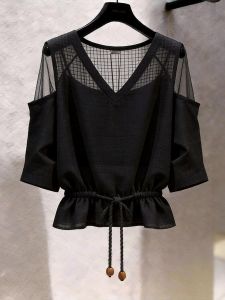 KUNAILIN | Stylish Office Black Off-shoulder V-neck Cinch Waist Shirt
