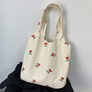 Korean Style Embroidered Lace Canvas Bag Floral Design Commuting Handbag Soft Handle Tote Bag for Youth Casual Fruit Pattern