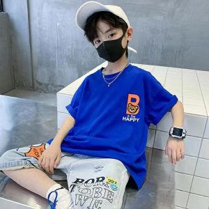 Boys Summer Cotton T-Shirt Short Sleeve Pure Cotton Sweat Absorbent Korean Style Loose Fit Upper Body Fashionable Streetwear