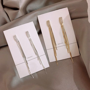 925 Silver Needle Diamond Embedded Long Tassel Earrings Womens Geometric Fashionable French Style Slimming Face Jewelry