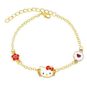 Sanrio | Hello Kitty Gold Plated DIY Charm Bracelet Zinc Alloy with Red Flower & Heart Enamel Charms Adjustable Chain for Girls