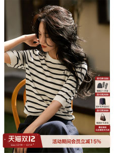 XiaoHanGe Summer Lightweight Silk And Cotton Blend Knitwear Short Sleeve Striped Shirt Fresh And Comfortable Womens Fashion