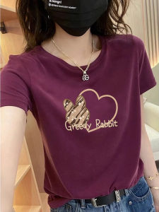 เสื้อยืดคอกลมแขนสั้นผ้าฝ้ายสไตล์เกาหลีสำหรับผู้หญิงในช่วงฤดูร้อน เสื้อผ้าทำงานสไตล์เกาหลีแบบลำลอง แขนสั้นพิมพ์ลาย