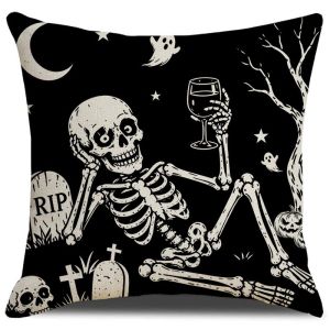 VIKAMA Halloween Pillow Cover Soft & Skin‑Friendly Skeleton Tombstone Moon Star Print Cushion Case for Sofa Bedroom Home Decor