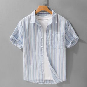 Color Woven Stripe Short Sleeve Casual Shirt Mens Summer Thin Breathable Loose Fit Fashionable Turn Collar Trendy Button down