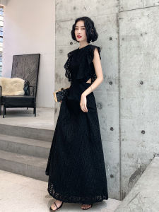 Elegant Black Evening Gown Womens Fashion Slimming Luxury Dress for Birthday And Other Occasions Long Sleeve U-Neckline Gown