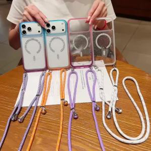 Ốp Trong Suốt Có Ánh Kim Gradient Cho iPhone Kèm Dây Đeo Cổ - Vỏ Sạc Không Dây Magsafe Chống Sốc Tương Thích Với Các Mẫu 15/16/17 Pro Max