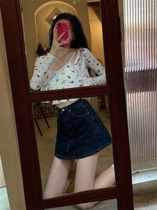 Deep Blue High Waist A-Line Mini Skirt for Women Summer Pear Shape Body Slimming plus Size Versatile Design Casual Style