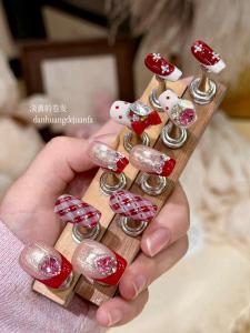 Handmade Cat Eye Wearable Nails Short Christmas Red French Drill White Enhancing Nail Art Bright Color Series Any Skin Type