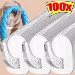 100Pcs Clear Acrylic Adhesive Hooks Transparent No-Drill Wall Mount for Bathroom Kitchen Home Organization Cow Horn Design
