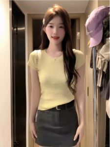 HUOLISI | Yellow Sweet and Spicy Style Knitted Short Sleeve T-Shirt