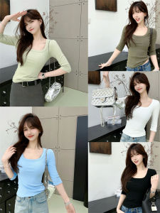 Justcc Womens Early Spring U-Neck T-Shirt Cotton Blend Slim Fit Five-Quarter Sleeve Base Shirt Trendy Commute Style Pure Color