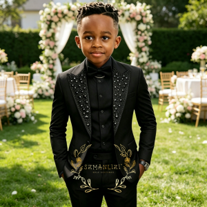 2026 Crystal Beading Black Boys Suits Costume Formal Wedding Tuxedos For Child Flower Boys 2 Pieces Kids Party Blazer Sets