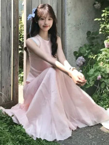 Sweet Style Vest Dress Beach Vacation Gentle Wind Summer Hot Trend Soft Color Solid High Waist Shoulder Bared mid Stretch a Line Skirt