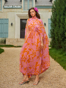 Sleeveless Printed Maxi Dress with Flowing Shawl Design