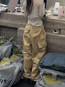 กางเกงขายาวทรงหลวมสีกรมท่าไซส์ใหญ่สำหรับผู้หญิง กางเกงขายาวทรงหลวมสไตล์ลำลองสำหรับฤดูใบไม้ร่วงปี 2025 กางเกงขายาวทรงหลวมบาง