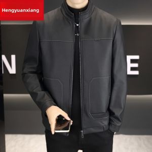 HENGYUANXIANG | Black PU Leather Jacket Mens Casual Autumn Winter Business Style Stand Collar All-Match High-End Dad Clothes Fashion Urban