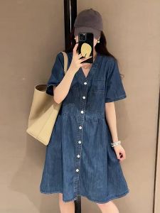 Fashionable Summer Womens Denim Dress Unique Age-defying Cute Small Size V-neck Single-button Short-sleeved Loose Fit