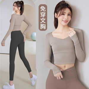 High-Waist Fitness Yoga Wear Set Womens Running Sports Pilates Training Long Sleeve Quick Dry Clothing with Chest Pad