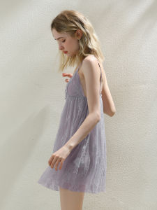 XEXZ | XEXZ Pure Desire Lace V-neck Chemise Nightgown Midi Skirt Sleepwear Home Clothes Light Purple Mesh Strap Home Fashion Spring