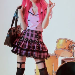 Harajuku Punk Mini Skirt Grid Pattern Versatile Half-length Fluffy Skirt Rock Sweet Cool Short Skirt Womens Clothing