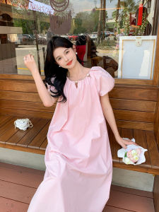 Pink French Style Backless Summer Dress Womens Gentle Lazy Meat Concealing Slimming Holiday Long Dress A-Line Short Sleeve