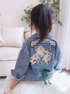 Comfortable Retro Floral Denim Jacket for Girls Spring Autumn Stylish Childrens Clothing Korean Style round Neck Single Button
