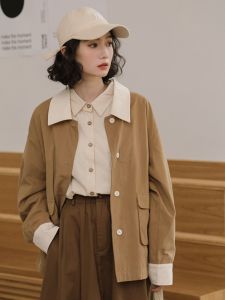 Loose Long Sleeve Polo Collar Color Block Spring New Style Womens Casual Jacket Trendy Commute Outerwear Open Cardigan