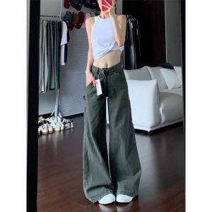 Quần Jeans Denim Xanh Militaire Cạp Cao Quần Dài Thường Ngày Cho Nữ Quần Dài Công Sở Ống Đứng Mùa Xuân Thu