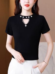 เสื้อยืดไหมน้ำแข็งสำหรับผู้หญิง แขนสั้น ทรงสลิมฟิต ยืดหยุ่นสูง ดีไซน์เก๋ไก๋ เสื้อตัวบนแฟชั่นฤดูร้อนใหม่