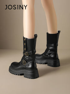 Josiny | Winter Black Mid-Calf Boots Thick Heels Insulation Height-Increasing