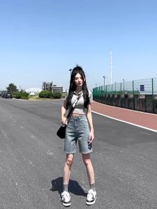 Quần lửng ngố jean nữ lưng sau jean nữ ống suông ngố rộng baggy quần shorts jean nữ cạp cao