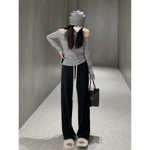 American Style Soft Wide Leg Pants Drawstring Womens High Waist Loose Fit Casual Floor Length Trousers Lazy Style