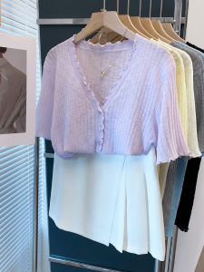 Womens V-neck Button-up Cropped Loose Knitwear Summer Fashion Sleeveless T-shirt Trendy Drawer-pleat Innerwear Outerwear