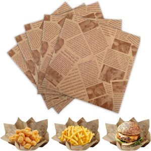 50/100Pcs Food Paper Sheets Deli Wax Paper Sheets for Hamburger Fries Food Basket Liners Old Newspaper Style Paper for Kitchen