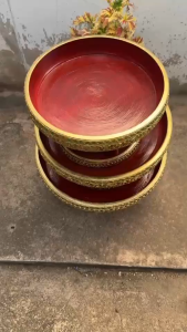 ขันโตกไม้จามจุรี (12/14/16 นิ้ว) พานโตกเดินเส้นประดับกระจก ลายไทยโบราณ (ใช้เป็นพานบายศรี/วางพระ/แต่งสปา)