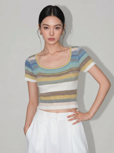 Basic House | Color Block Striped Square Neck Summer Wool-blend Knit Top