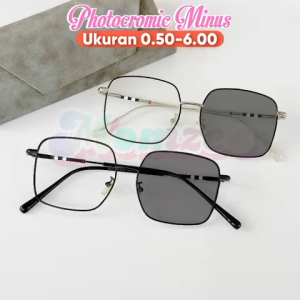 Kacamata Minus Photocromic | Trendy & Melindungi Mata dari Sinar UV 0.50-6.00 Frame Besi Model Kotak