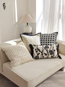 Modern Minimalist Black and White Pillow Mild Luxury Retro Tassel Waist Pillow Living Room Backrest Pillow Bedroom Bed Head Cushion Cover