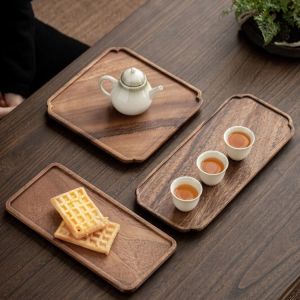 Rectangular Single Layer Walnut Wood Tray Japanese Style Tea Pot Support BBQ Plate Home Use Dry Bubble Table Wood Tray