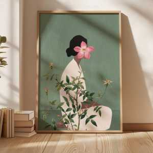 A Frameless Green Flower Head Woman Wall ArtAbstract CharactersFloral Plant Poster Canvas Paintingfor Living Room Wall Decor