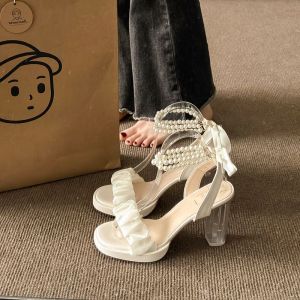 Angel Doll Crystal Pearl High Heels Womens Summer New Fine Mesh Fashion Roman Sandals mid Heel round Toe Rubber Outsole