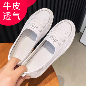 Leather Slip-On Womens Shoes Breathable Thin Summer Casual Fashion Sneakers round Toe Flat Heel Rubber Outsole Pure Color