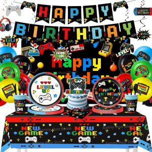 Hasbro | Video Game Happy Birthday Party Supplies Disposable Paper Plate Napkins Cup Tablecloth For Kids Gamepad Theme Favors Decorations