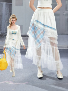 Unifree | Lace Patchwork Gingham Tulle Irregular Design Skirt