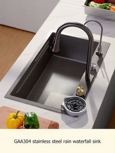 GAA SUS304 Stainless Steel Sink Kitchen Sink with Waterfall Pull-out Faucet Sink Drain&Basket